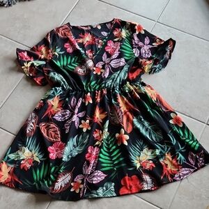 Tropical Floral Midi Dress Hibiscus Black & Green Stretchy Elastic Waist SizeXXL